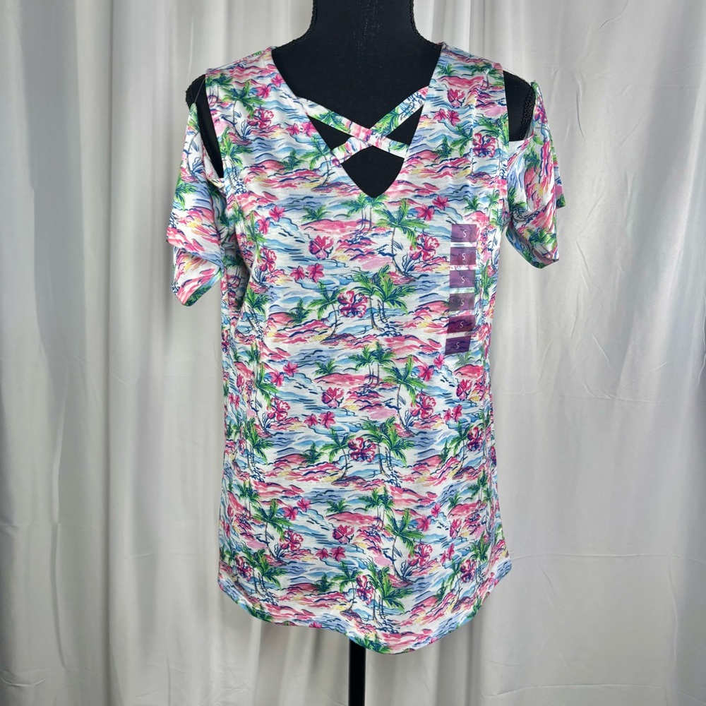 Tropical Floral Cold-Shoulder Tank with Crisscross Neckline - Pink & Green